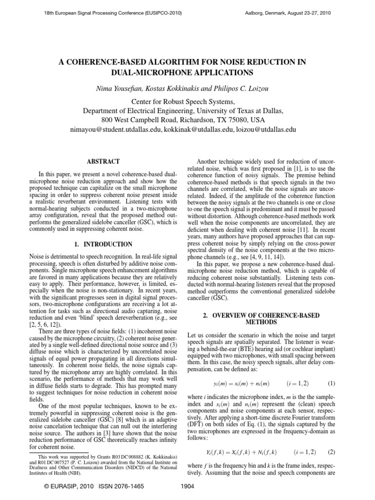 A Coherence-Based Algorithm For Noise Reduction in Dual-Microphone ...