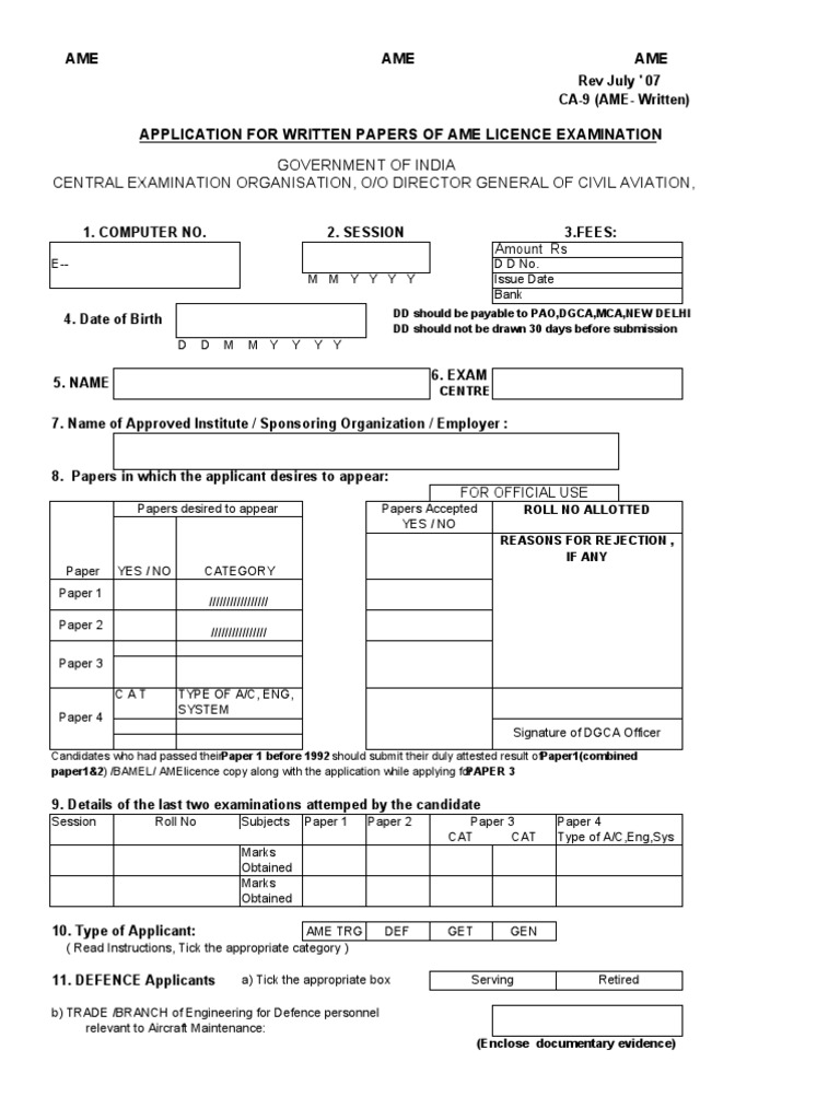 AME Licence Exam Application Form | PDF | Test (Assessment) | Business