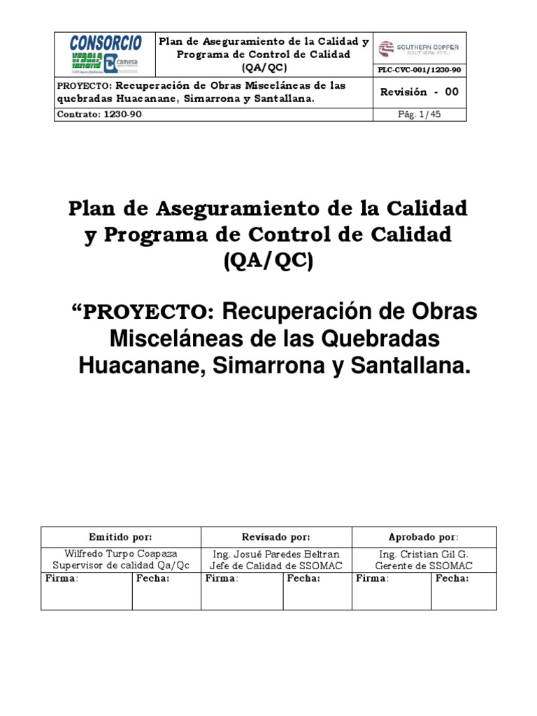 Plan de Calidad para Obras Misceláneas | PDF | Gestión de la calidad ...