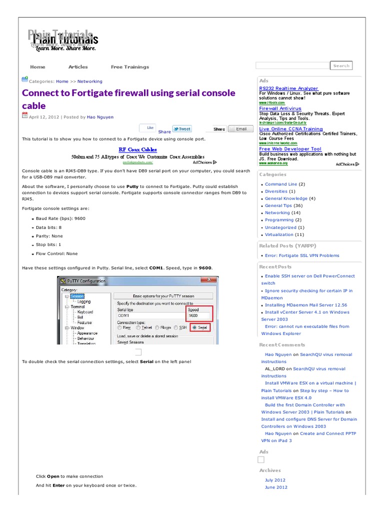 Connect To Fortigate Firewall Using Serial Console Cable Plain