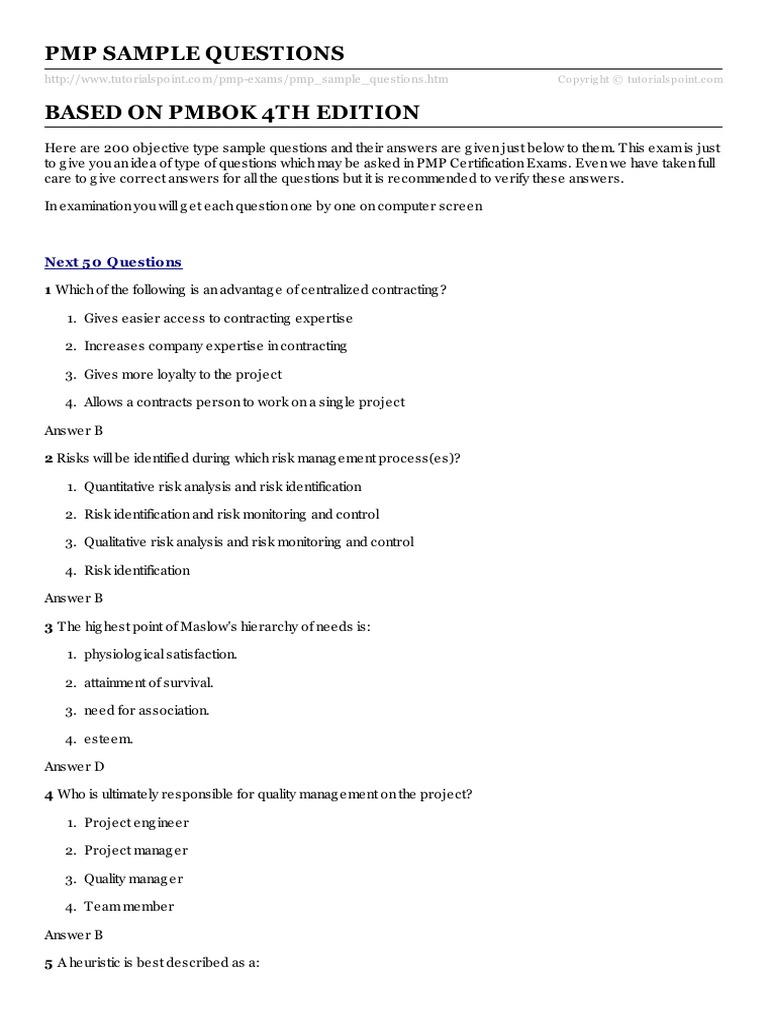 PMP Sample Questions | PDF