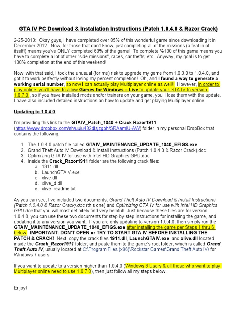 Grand Theft Auto IV Download & Install Instructions (Patch 1.0.4.0.