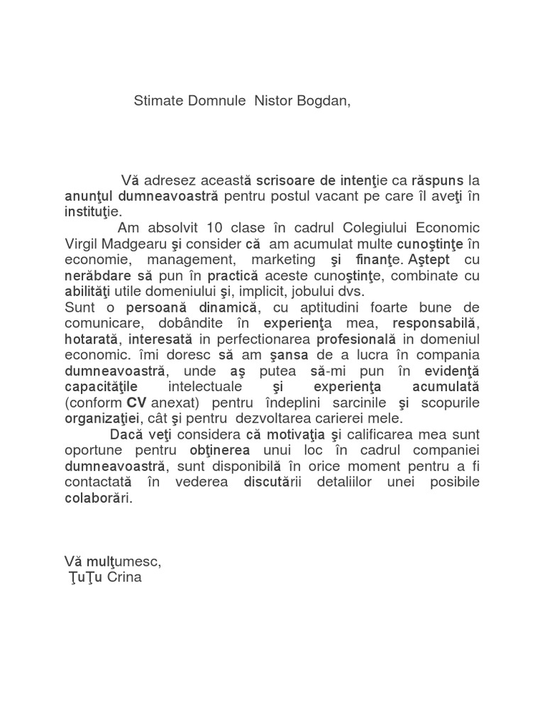 Scrisoare de Intentie