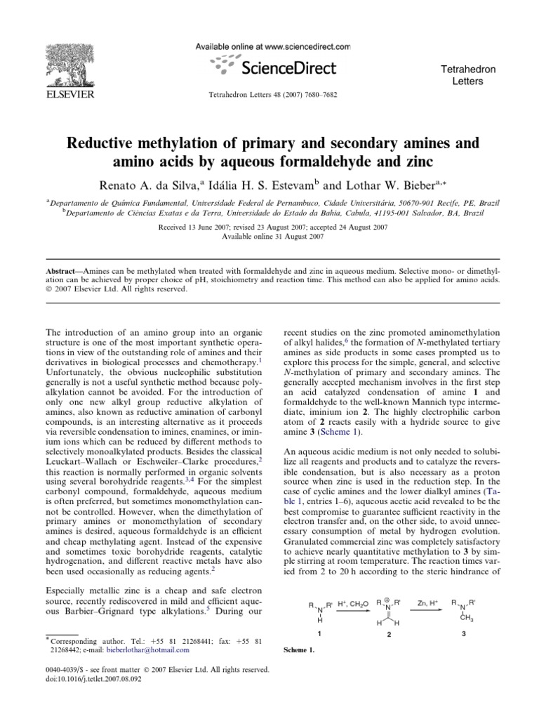 Selective Methylation of Amines & Acids | PDF | Amine | Hydrogen