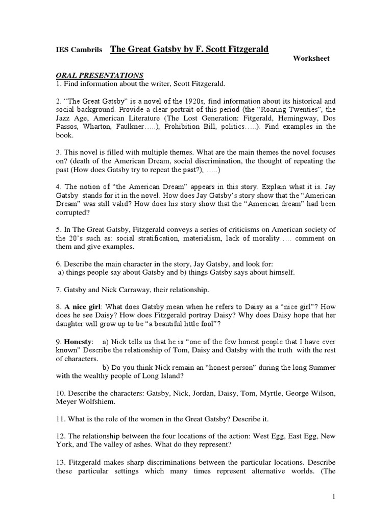Great Gatsby Analysis Worksheet | PDF | The Great Gatsby | English ...