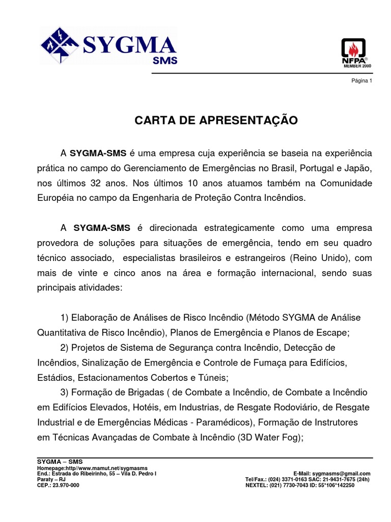 Carta de Apresentação SYGMA SMS  Rio de Janeiro  Engenharia
