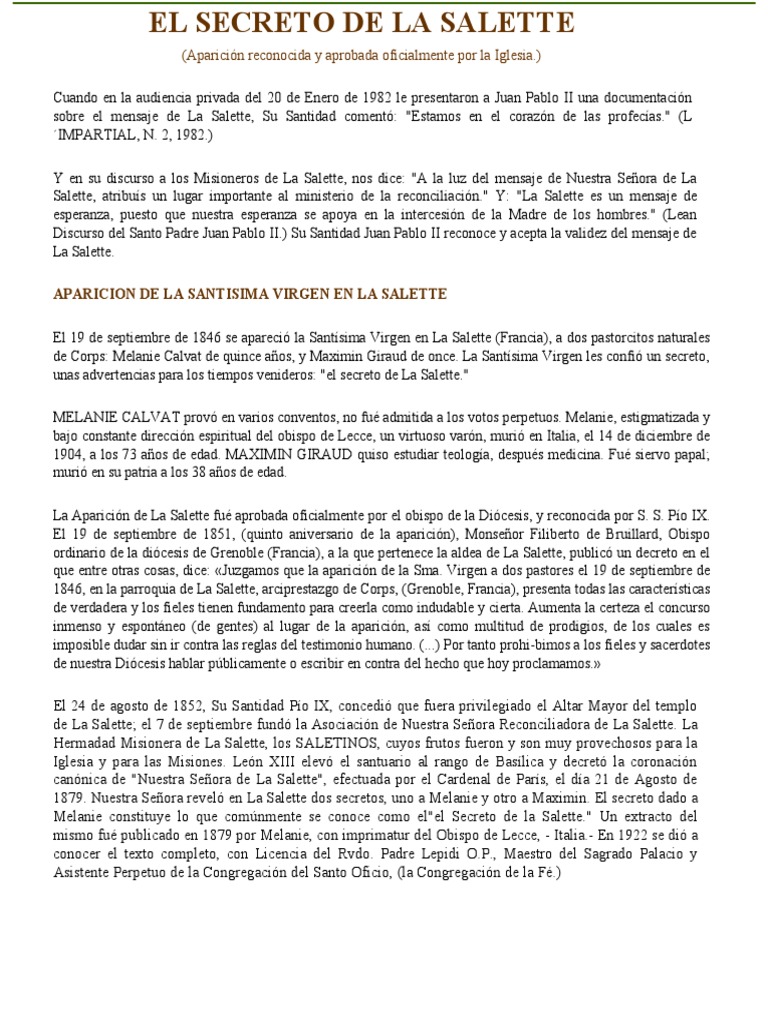 El Secreto de La Salette PDF Penitencia Iglesia Católica