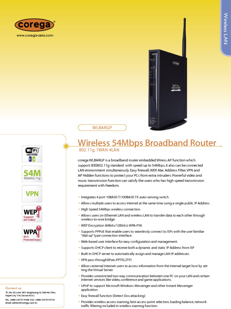 Corega WLBARGP Wireless 54Mbps Broadband Router Datasheet PDF