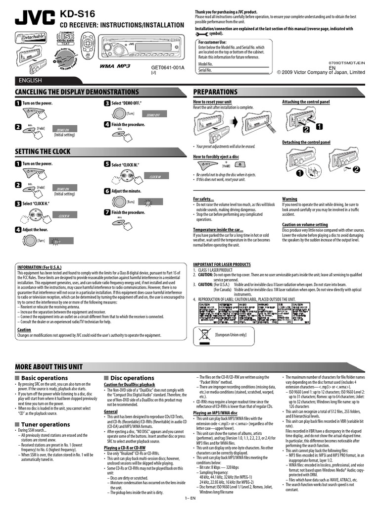 Jvc Cd Receiver Instructionsinstallation Manual For Jvc Kd S16 Car Stereo System Compact Disc Loudspeaker