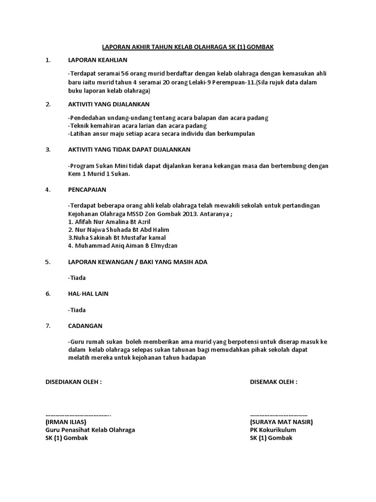 Laporan Akhir Tahun Kelab Olahraga Sk Pdf