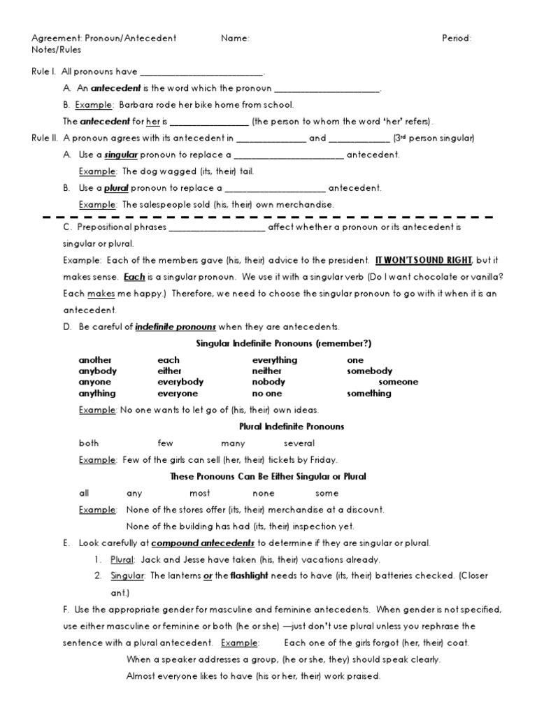 Weekly Grammar Worksheet Pronoun Antecedent Agreement Answers
