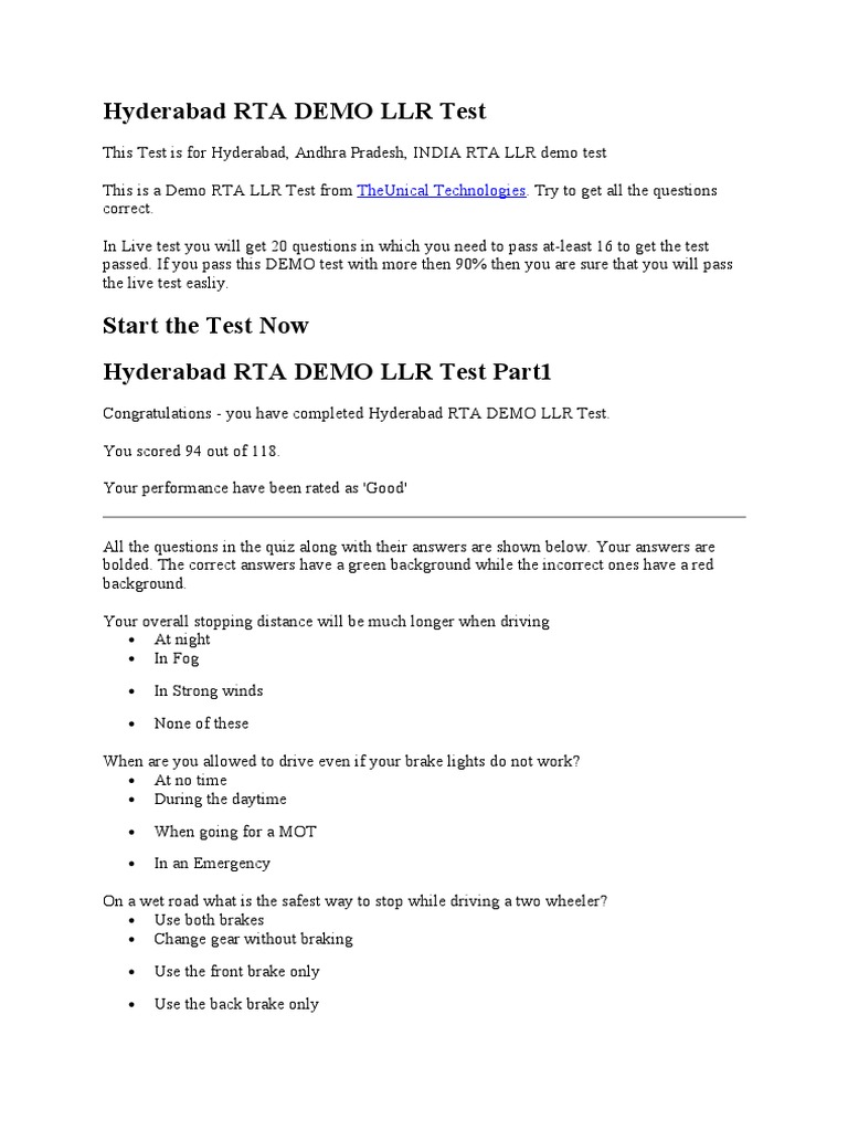Hyderabad RTA LLR Demo Test Guide | PDF | Land Transport | Road Transport