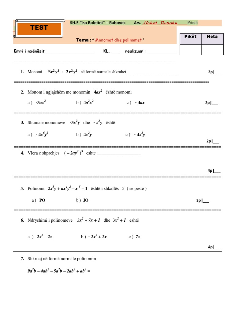 Test - Monomet Polinomet | PDF