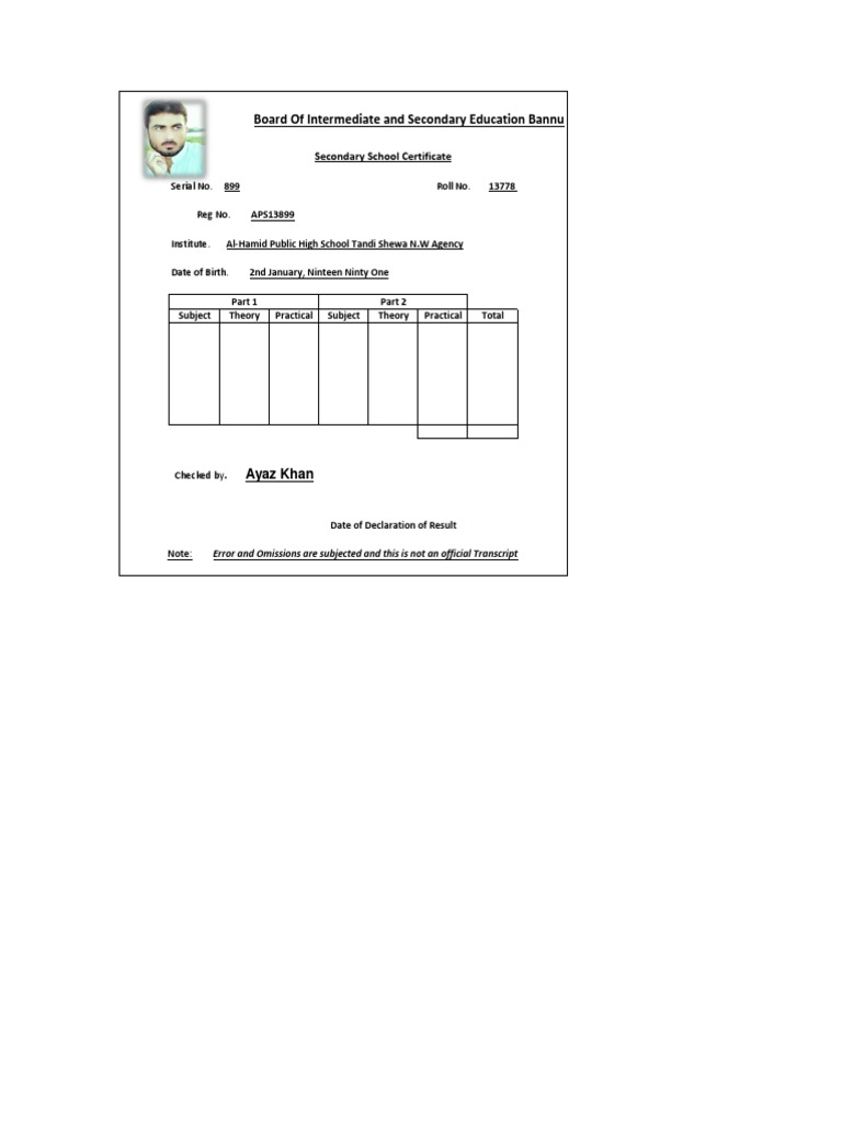 Bannu Board Secondary School Transcript | PDF