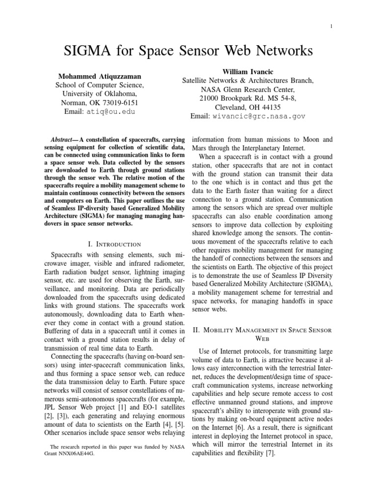 SIGMA For Space Sensor Web Networks: Abstract - A Constellation of ...