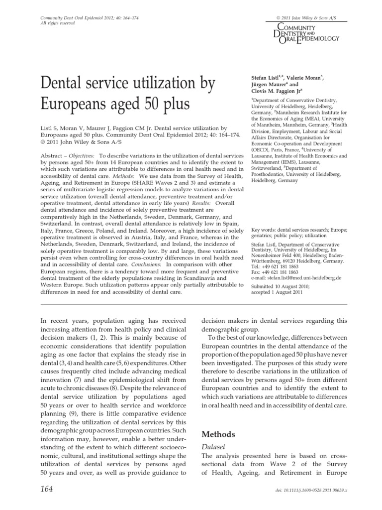 Dental Service Utilization by Europeans Aged 50 Plus PDF Oral Hygiene Median