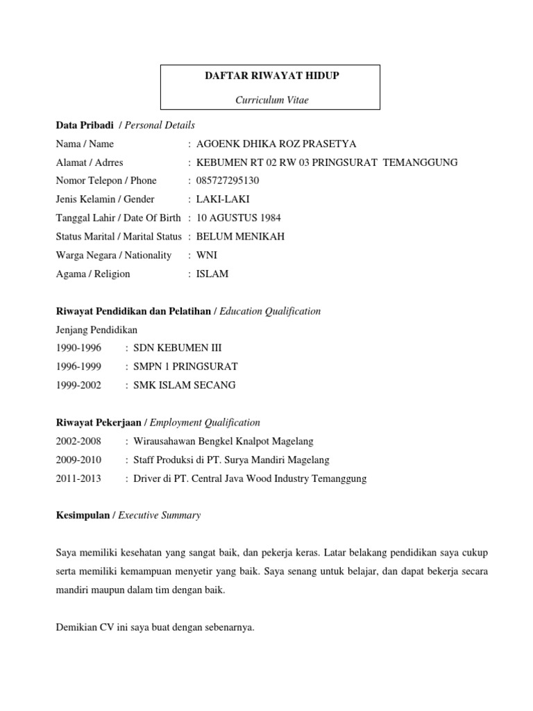 Daftar Riwayat Hidup: Curriculum Vitae