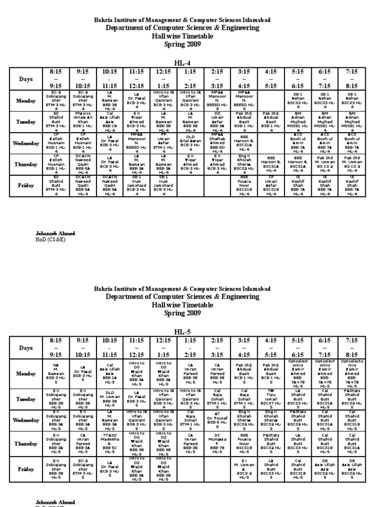 Bahria Institute Spring 2009 Timetable | PDF