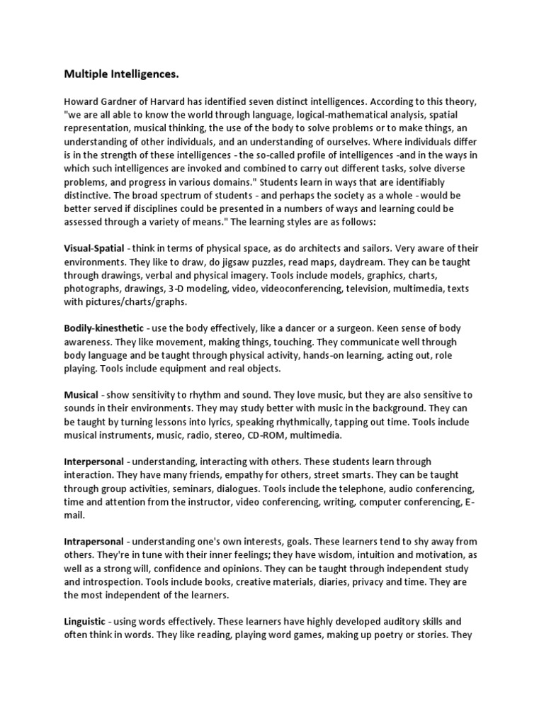 Multiple Intelligences | PDF | Graphics | Intelligence