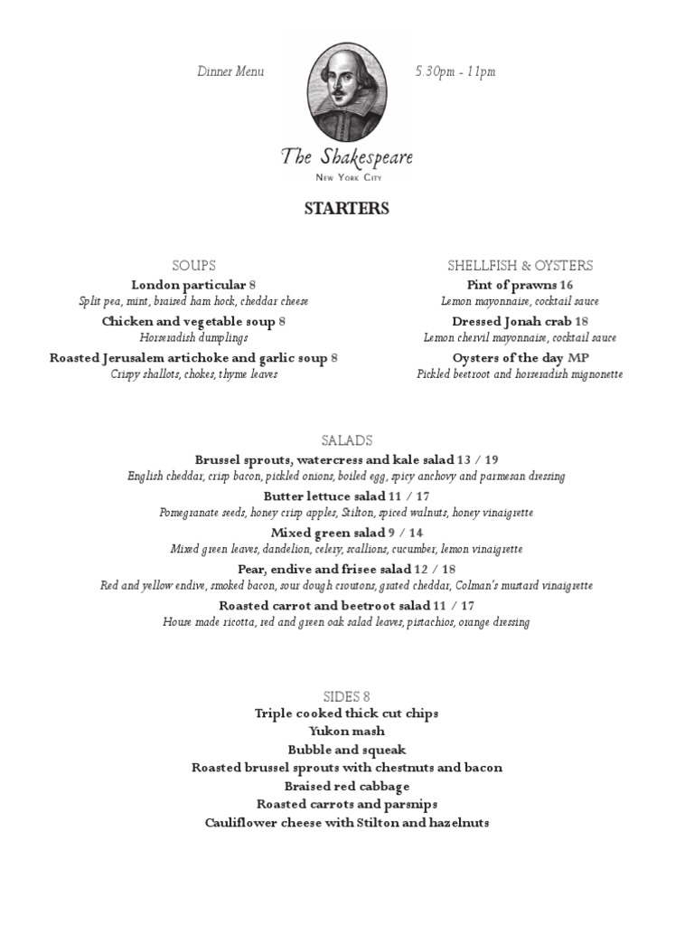 Shakespeare Dinner Menu Pickling Salad