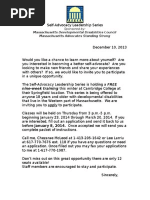 Intro Letter to Self Advocates Winter WEST Series 2014