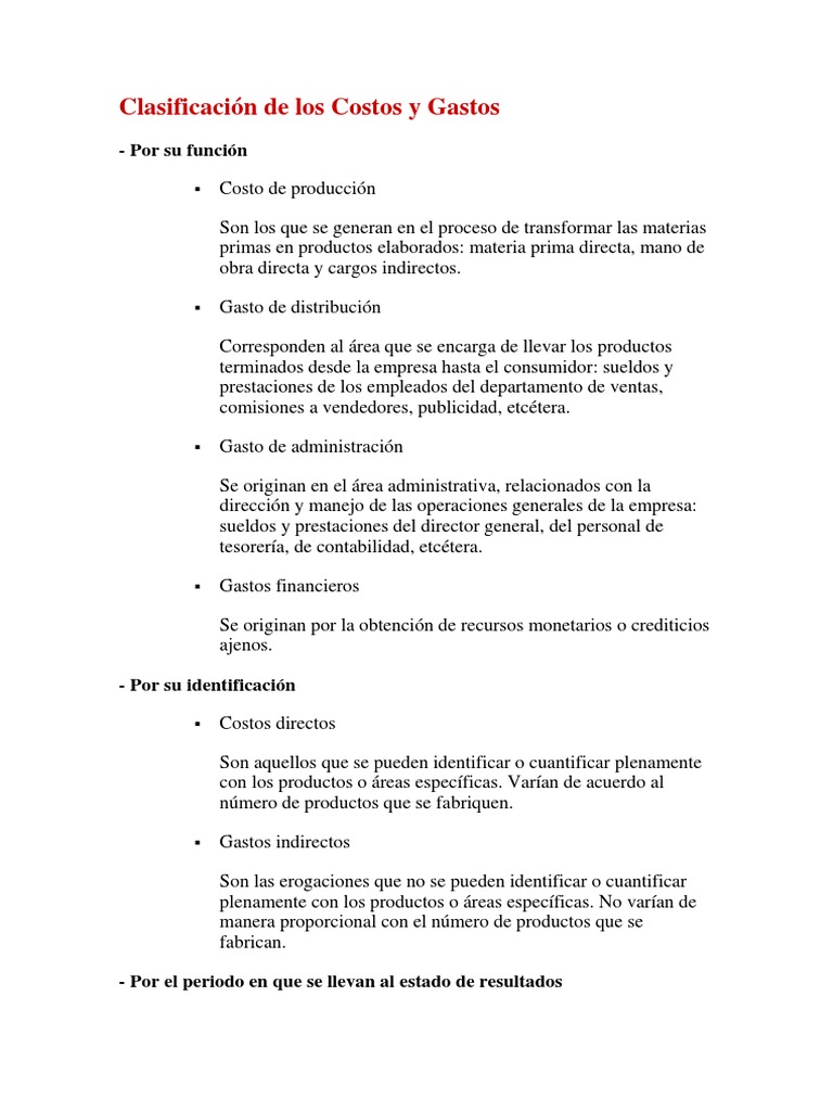 Clasificación de Costos y Gastos Empresariales | PDF | Finanzas y dinero
