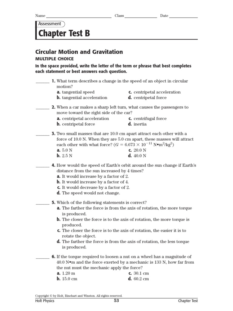 Chapter 7 Test B Rotation Around A Fixed Axis Force