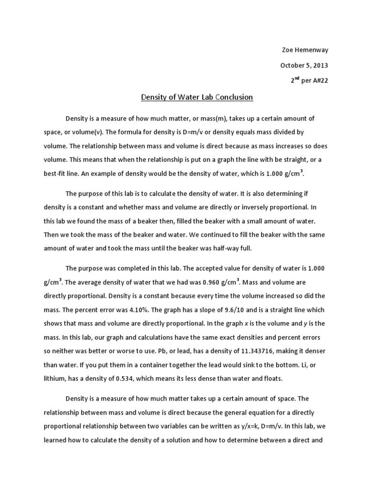 examples essay literature Density Conclusion   Volume Water of Density   Lab