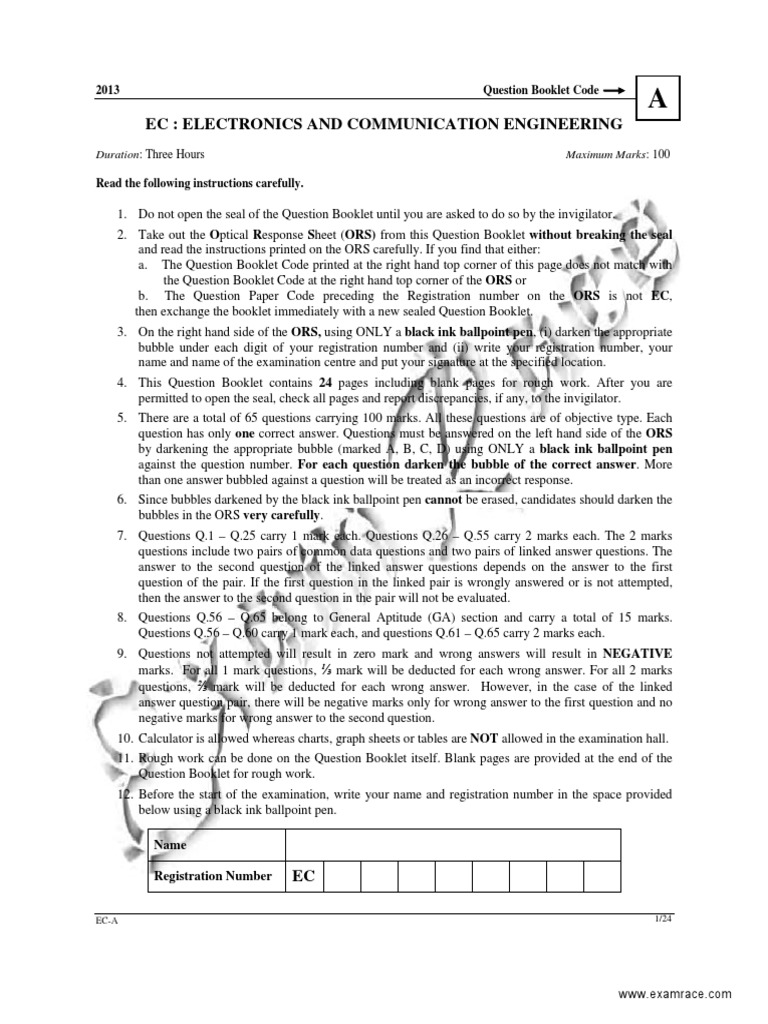 2013 Electronics Engineering Exam Paper | PDF | Telecommunications ...