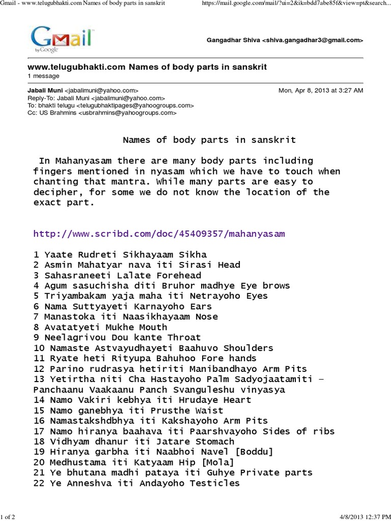Names of Body Parts in Sanskrit PDF Indian Religions Hindu Literature