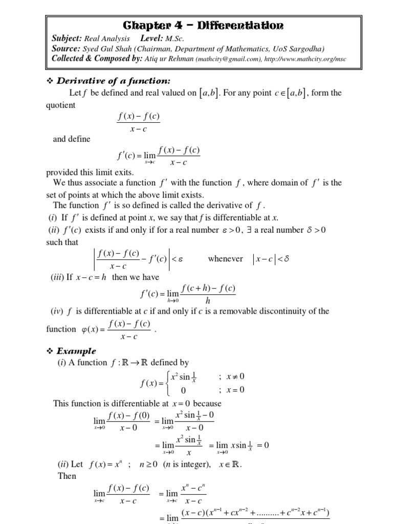 Chap 04 Real Analysis: Differentiation | PDF | Derivative | Continuous ...