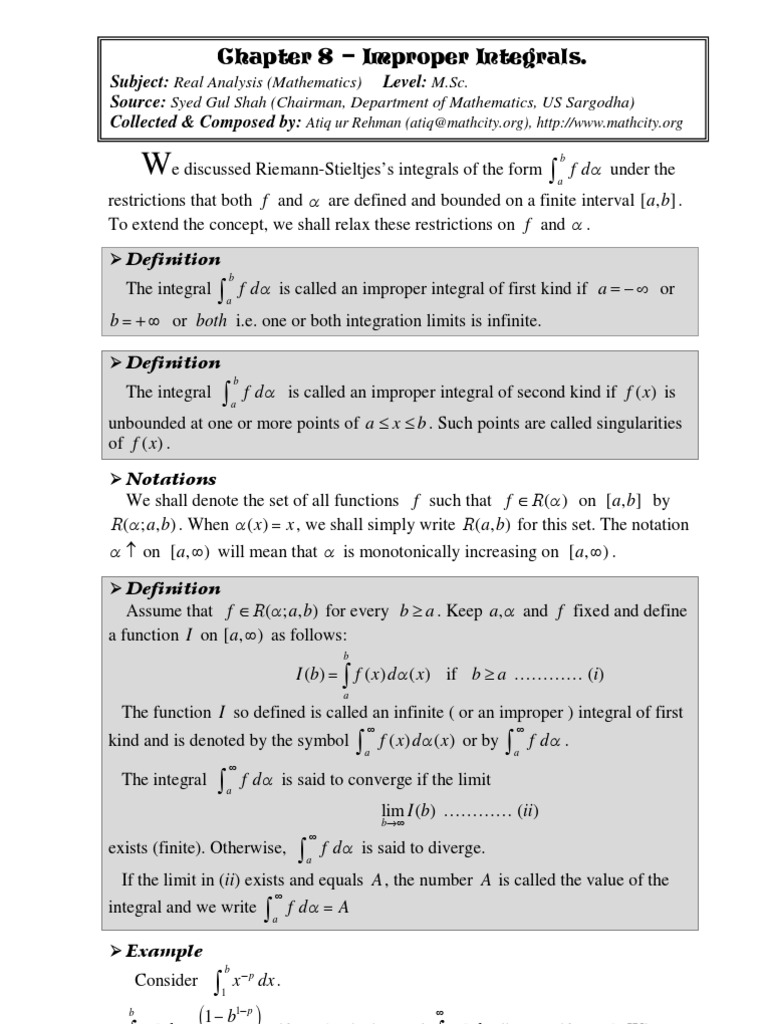 Chap 08 Real Analysis Improper Integrals Real Analysis Integral