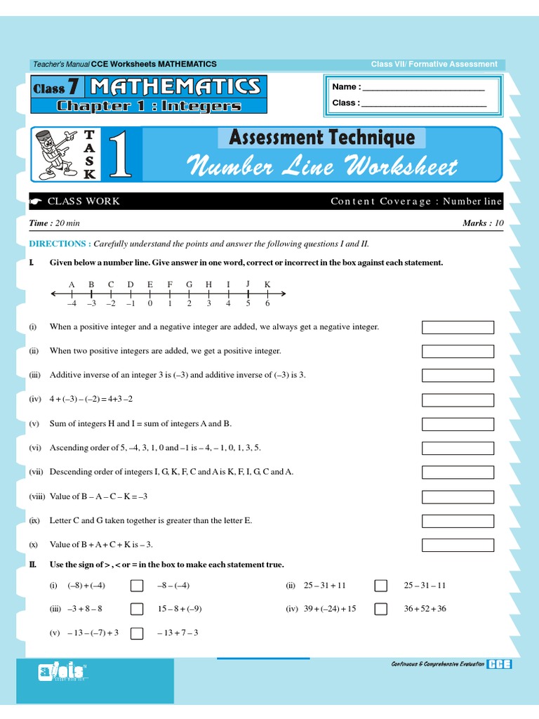 CCE Worksheets for Class 7 Mathematics | PDF | Integer | Educational ...
