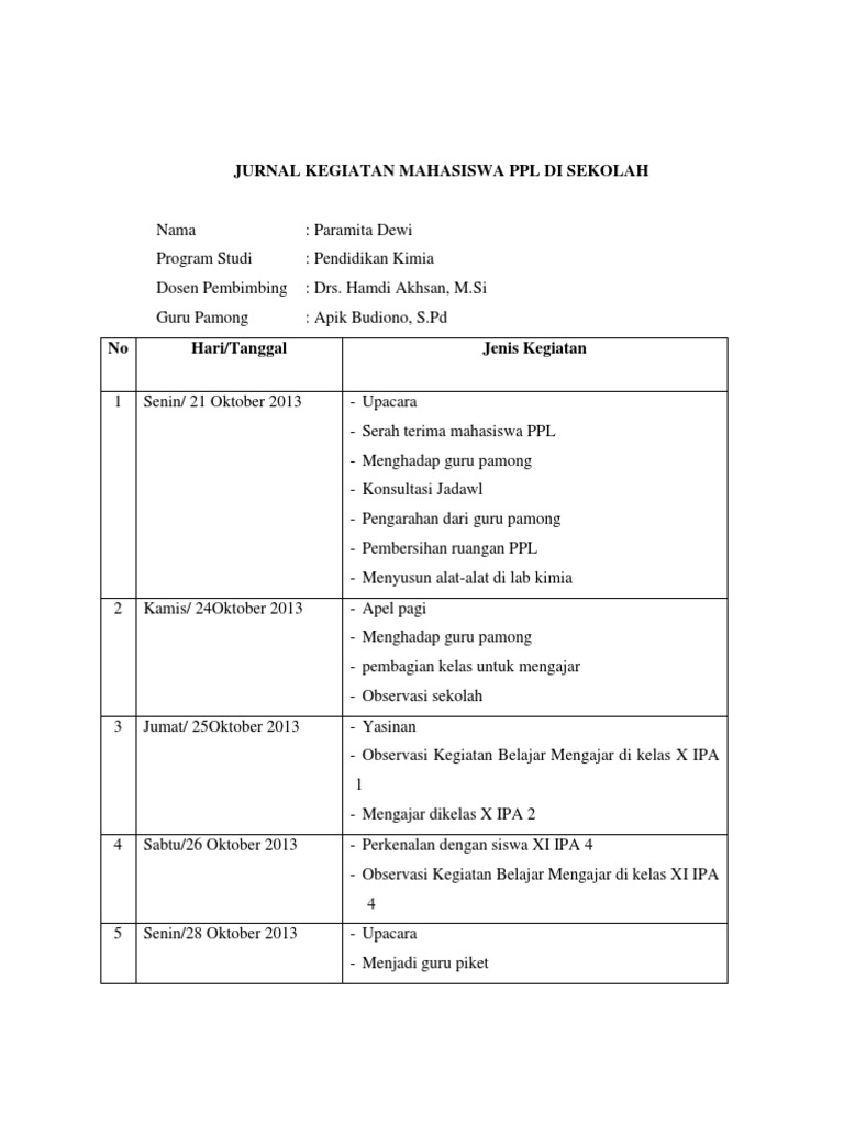 Jurnal Kegiatan Mahasiswa Ppl Di Sekolah