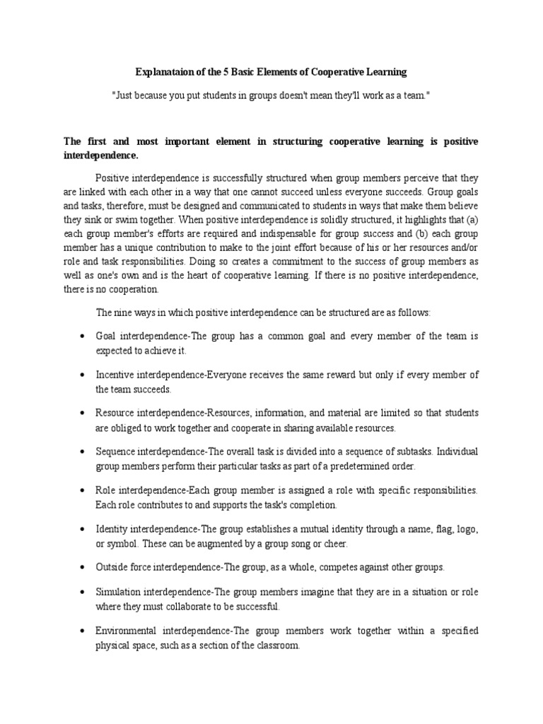 Elements of Cooperative Learning Explained | PDF | Social Skills | Pedagogy