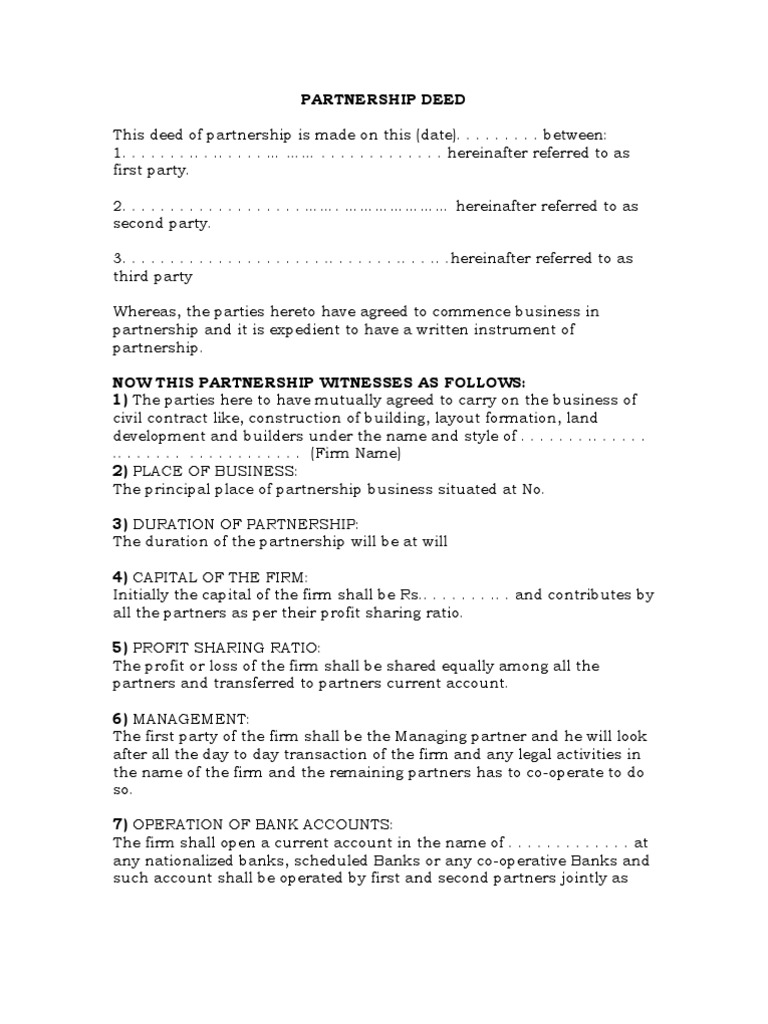 INDIAN Partnership Deed Partnership Business Law