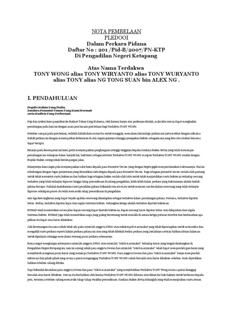 Contoh Nota Pembelaan Kasus Korupsi