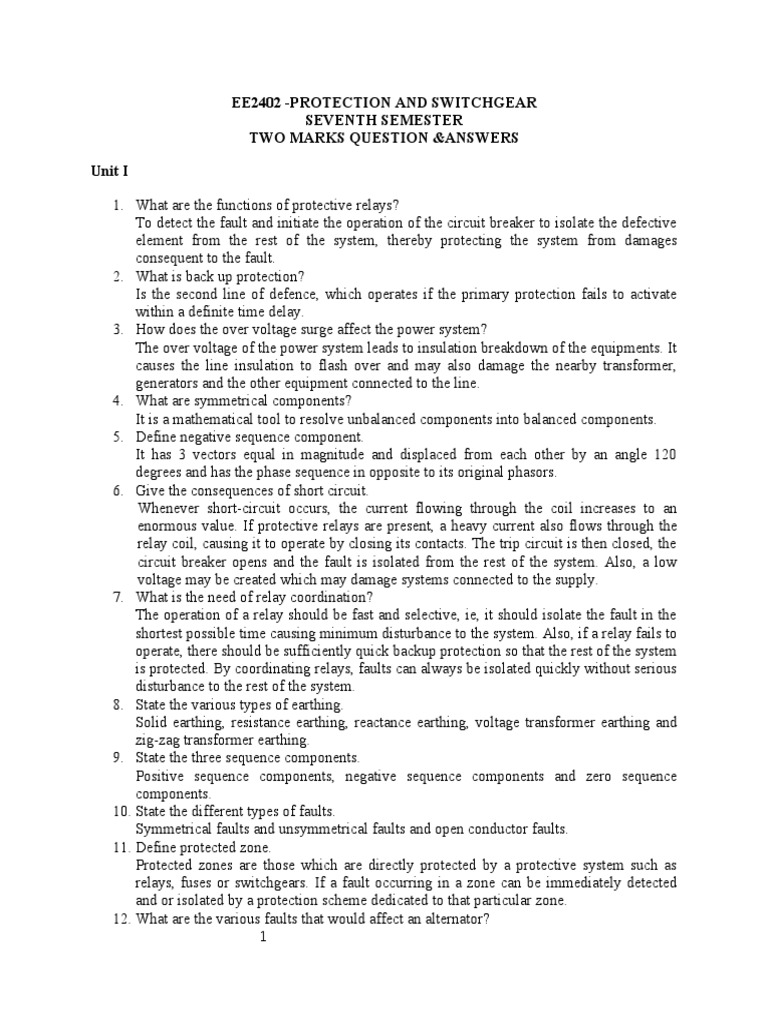 Ee2402 Protection and Switchgear Seventh Semester Two Marks Question