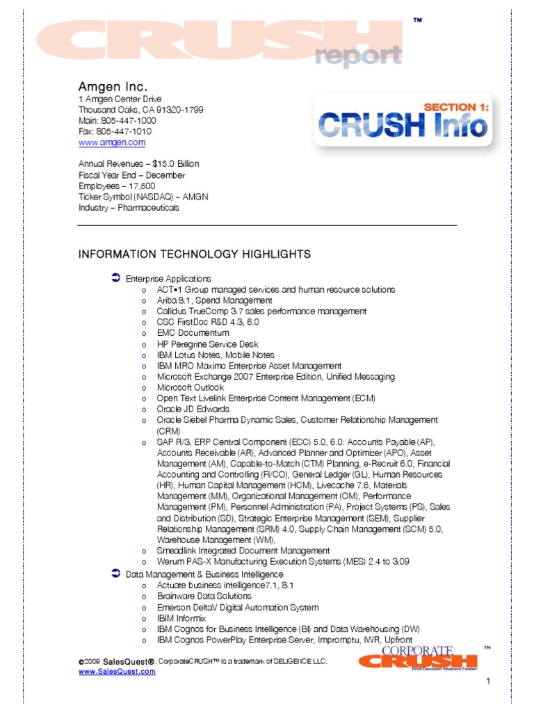 Amgen CRUSH Report 09B2 PDF Sap Se Computing