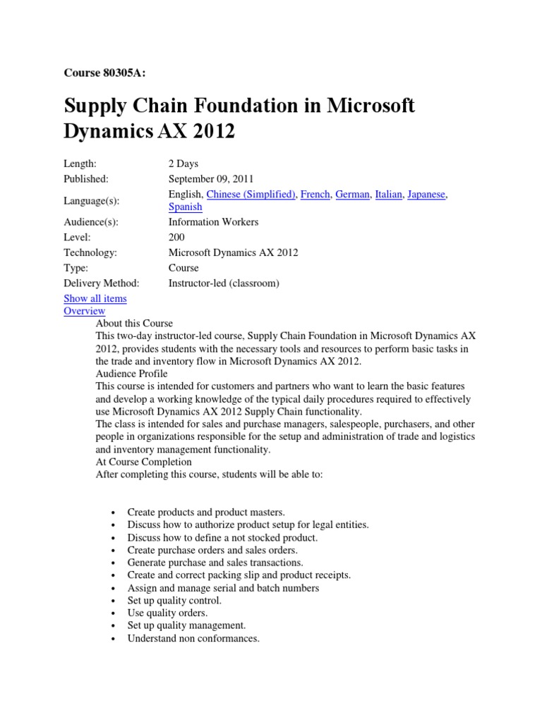 Supply Chain Foundation in Microsoft Dynamics AX 2012 | PDF | Inventory ...