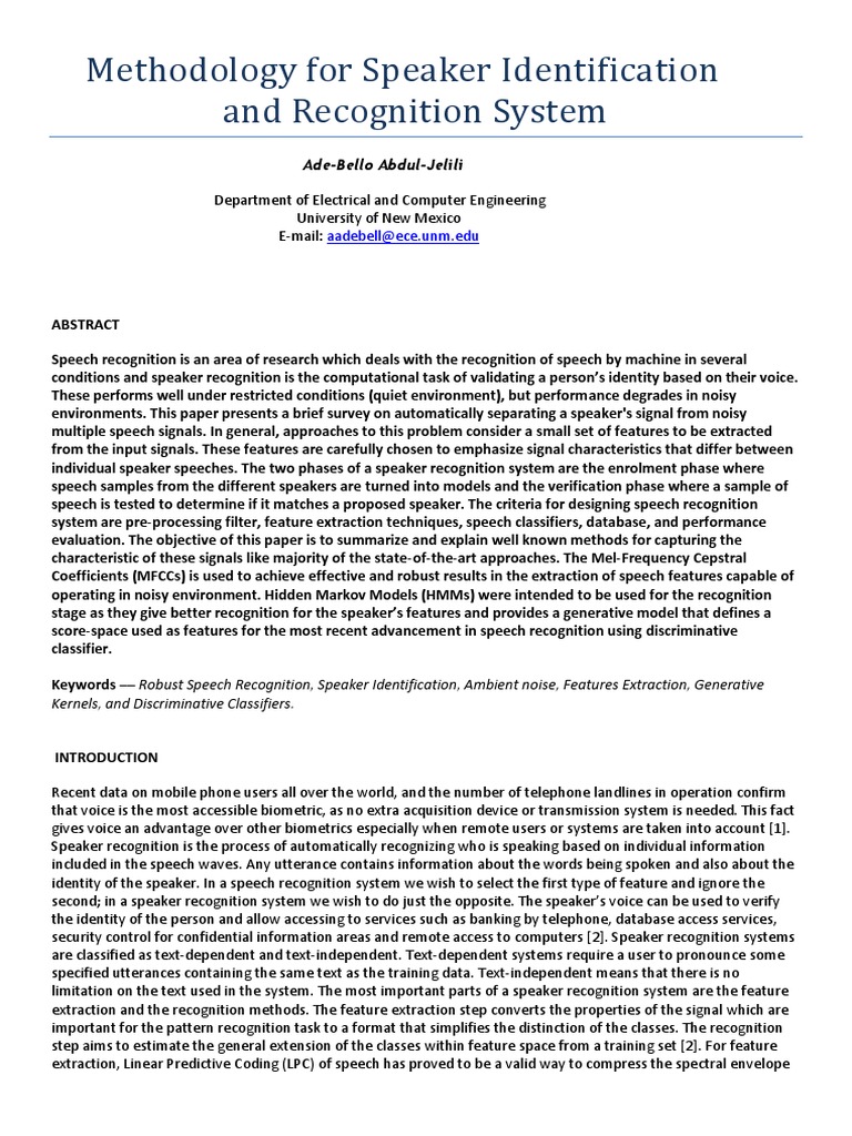 Methodology For Speaker Identification and Recognition System | PDF ...