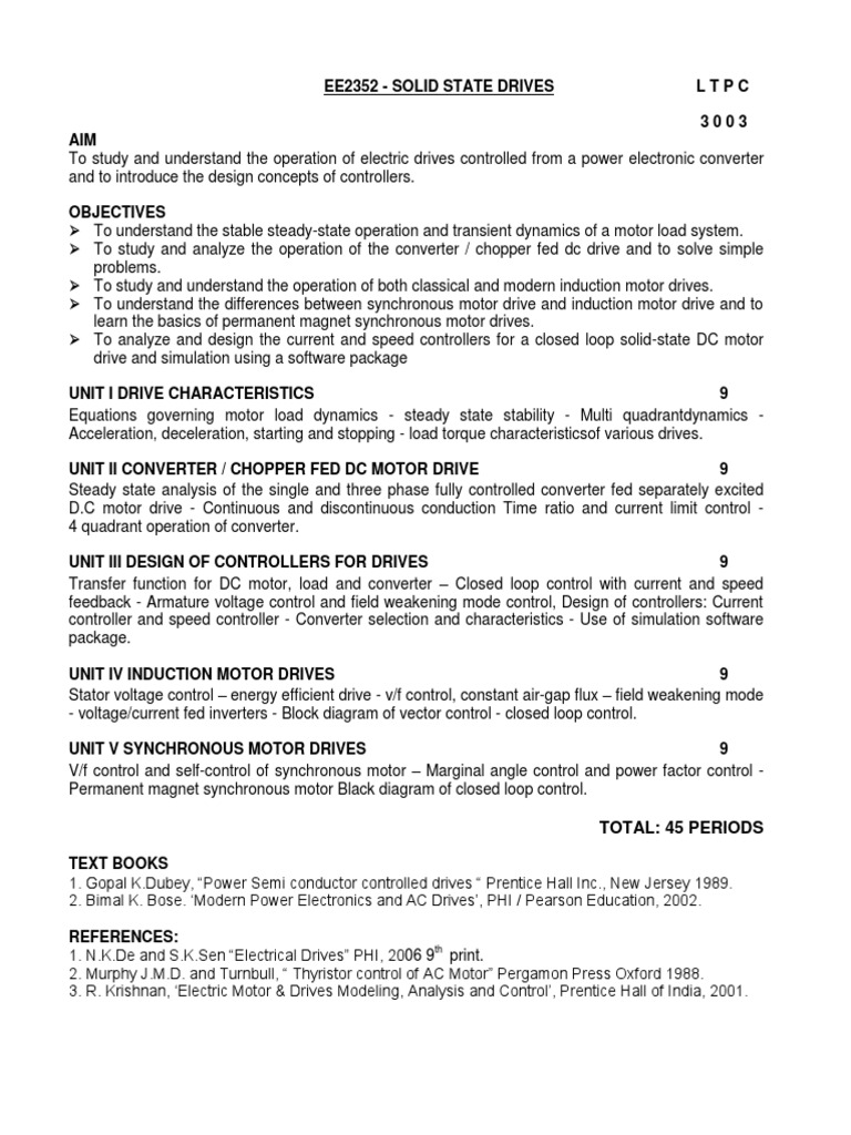 Ee2352 Solid State Drives Syllabus PDF Electric Motor Steady State