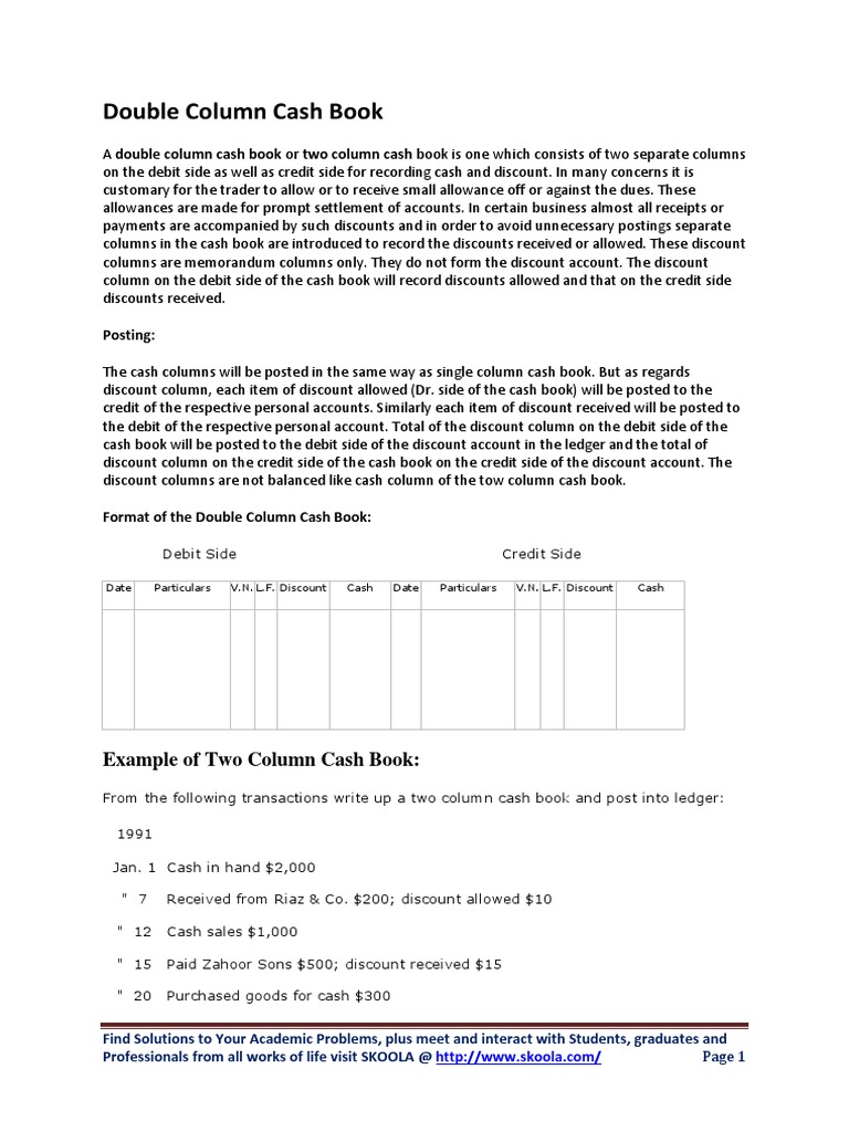 Double Column Cash Book PDF Debits And Credits Business Economics