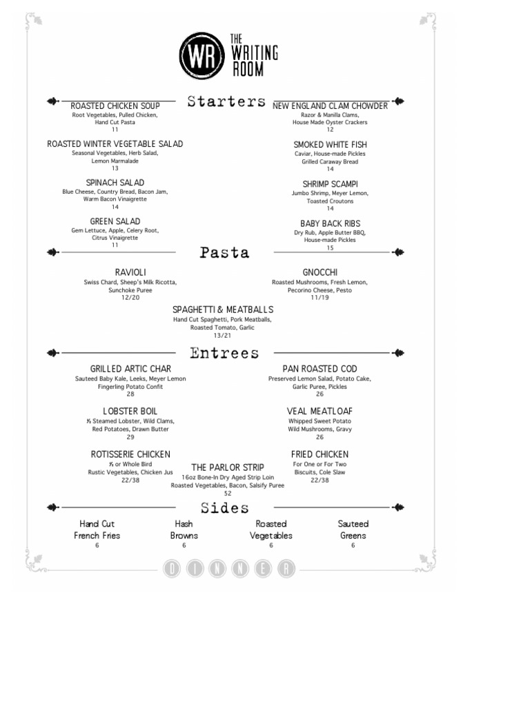 The Writing Room Dinner Menu PDF Business