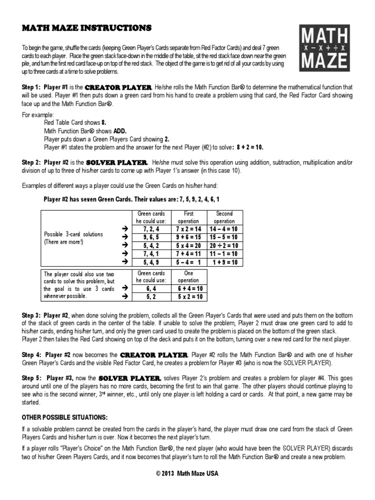 Math Maze Instructions 2013 PDF Consumer Goods Ephemera
