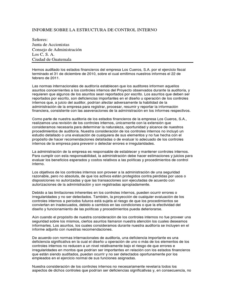 Informe sobre Control Interno 2010 | PDF | Contabilidad | Auditoría