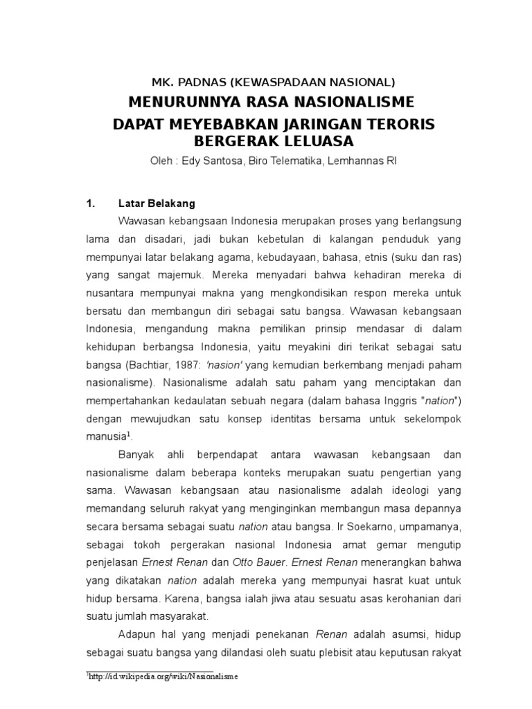 MENURUNNYA RASA NASIONALISME DAPAT MEYEBABKAN JARINGAN TERORIS