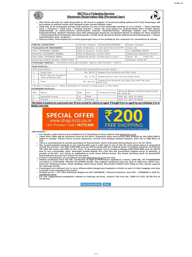 IRCTC E-Ticketing Guidelines and Details | PDF