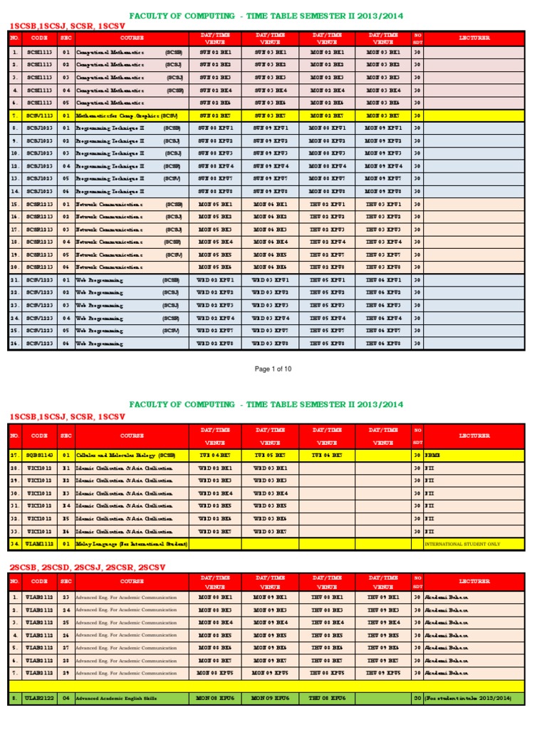 Jadual Kuliah Sem II 2013 2014 Versi WEB | Computer ...
