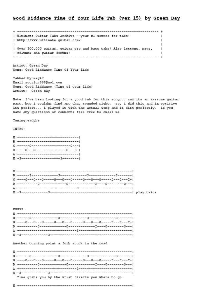 Good Riddance Time of Your Life Tab (Ver 15) by Green Day Tabs at ...